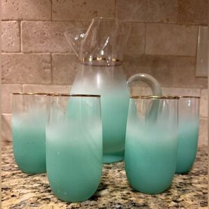 Blendo West Virginia Glass Company Frosted Blue / Green Pitcher and Tumbler Set.